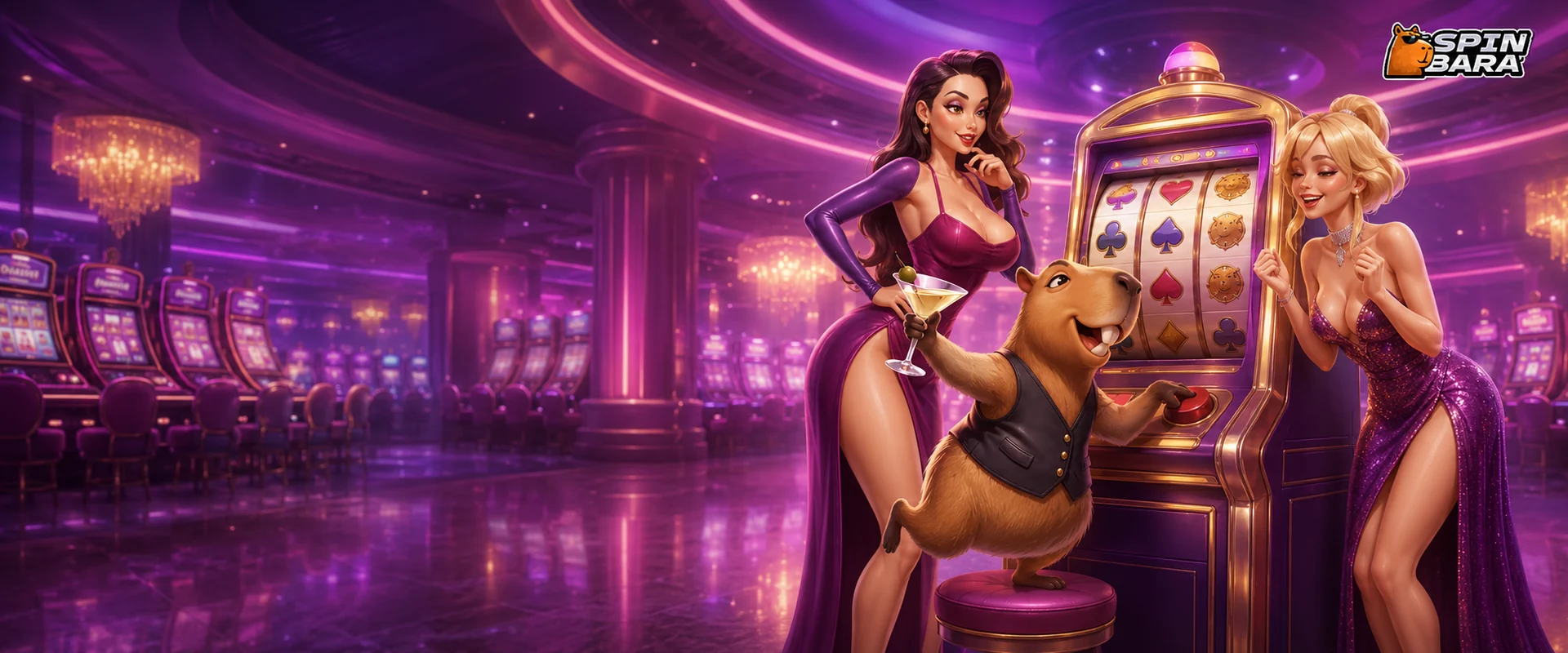 Sala Spinbara Casino con slot machine, mascotte capibara e vincitori